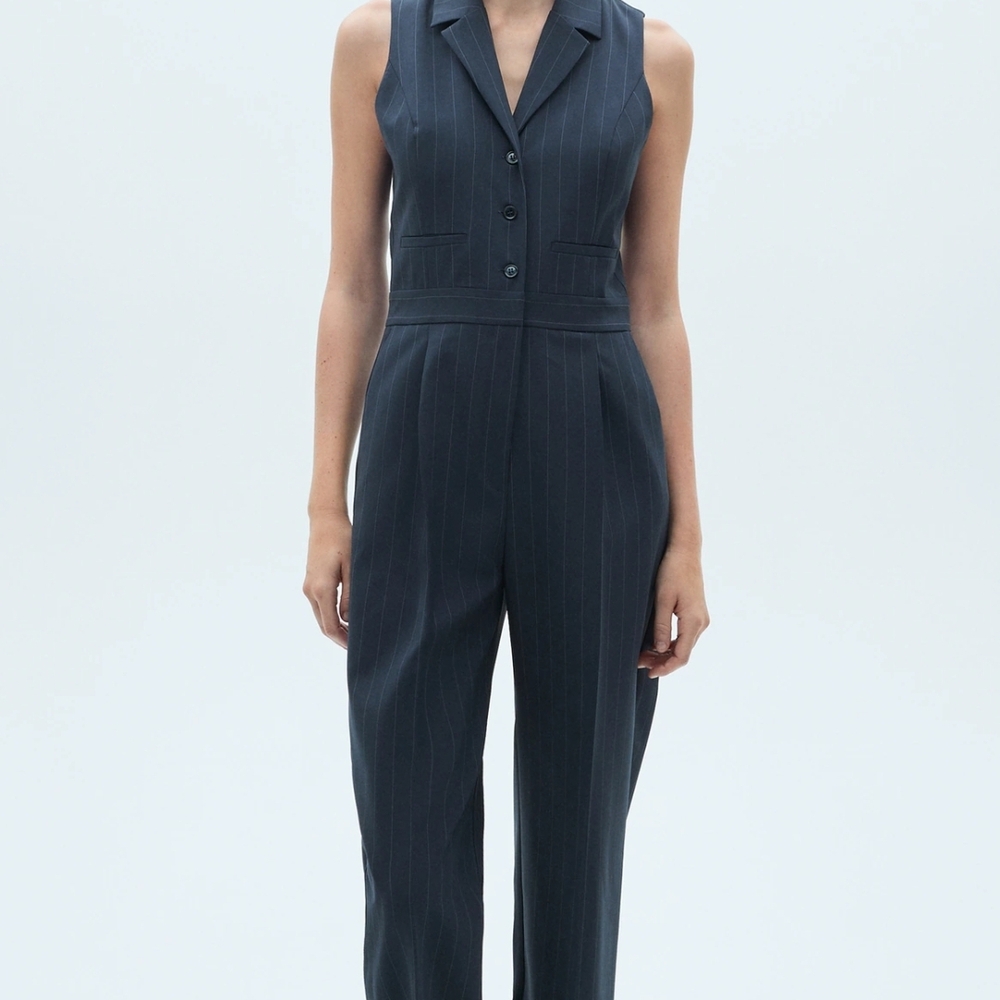Mango Dark Navy Pinstripe Sleeveless Jumpsuit